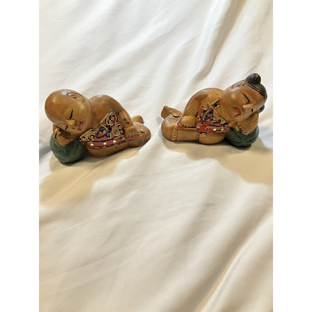 Vintage Asian Solid Wood Hand Carved Bookend Shelf Sitter Couple Watermelon 6"